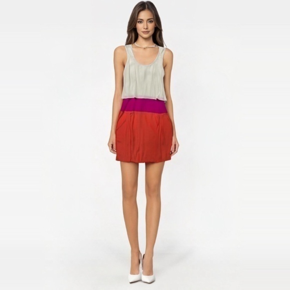 Parker Silk Colorblock Flounce Tiered Tank Mini Dress Cream Pink Orange Womens M